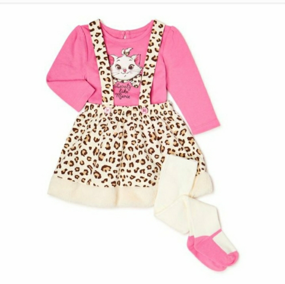 Disney Aristocats 18M 3 Set Pink Leopard Pinafore Cat Marie Shirt Tights Dress
